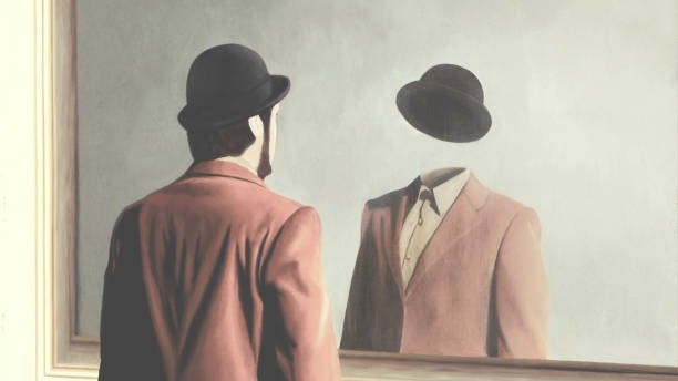 A surreal illustration of a man facing an incomplete reflection, representing the gap between self-image and market perception.