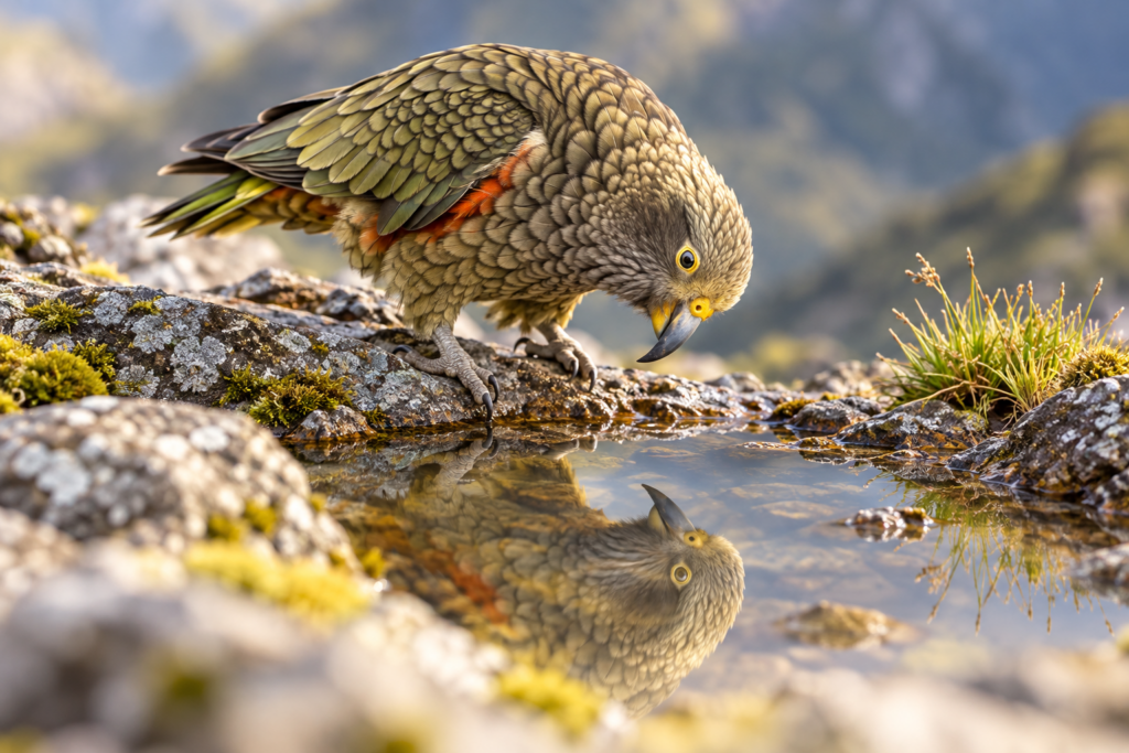 Kea studying its reflection in a mountain puddle.