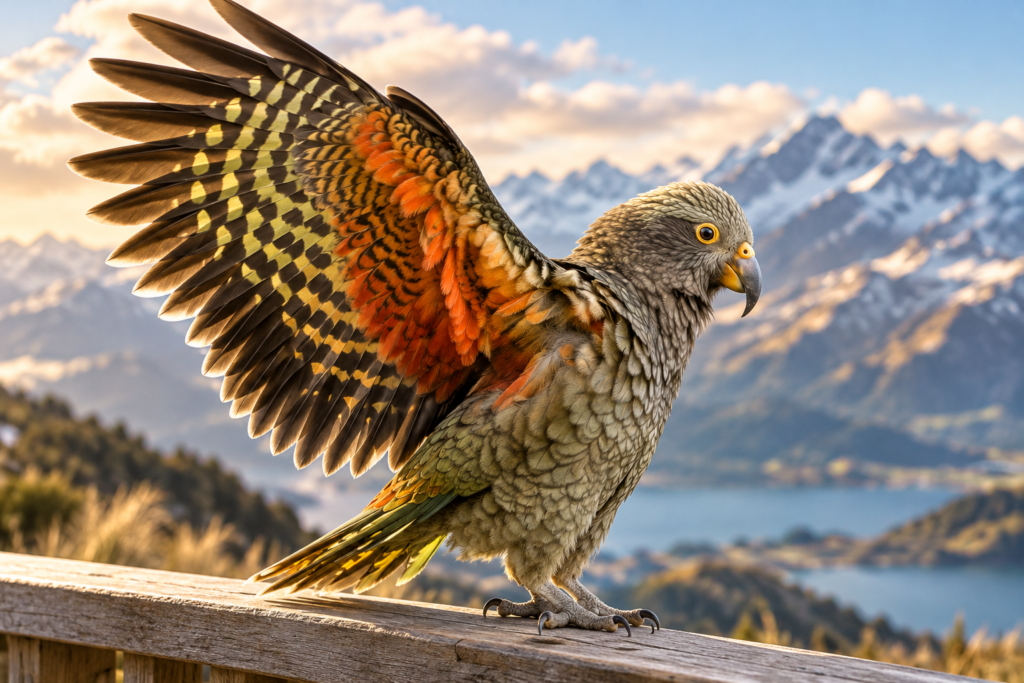 Kea spreading one bright orange wing against an alpine backdrop.