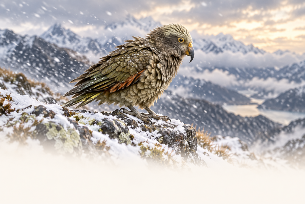 Kea standing on a snow-covered alpine ridge in gusting weather.