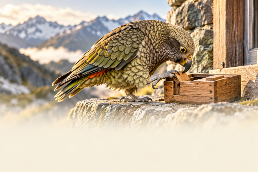 Kea working a wooden puzzle-box latch on a mountain ledge.