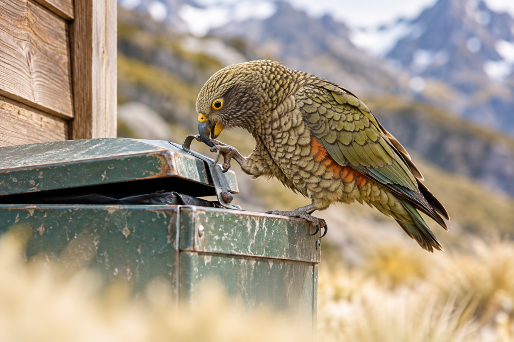 Kea opening the latch of a mountain hut rubbish bin.