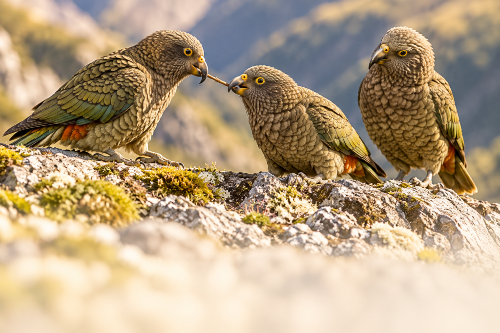 Three kea interacting on an alpine ledge, two sharing a twig.